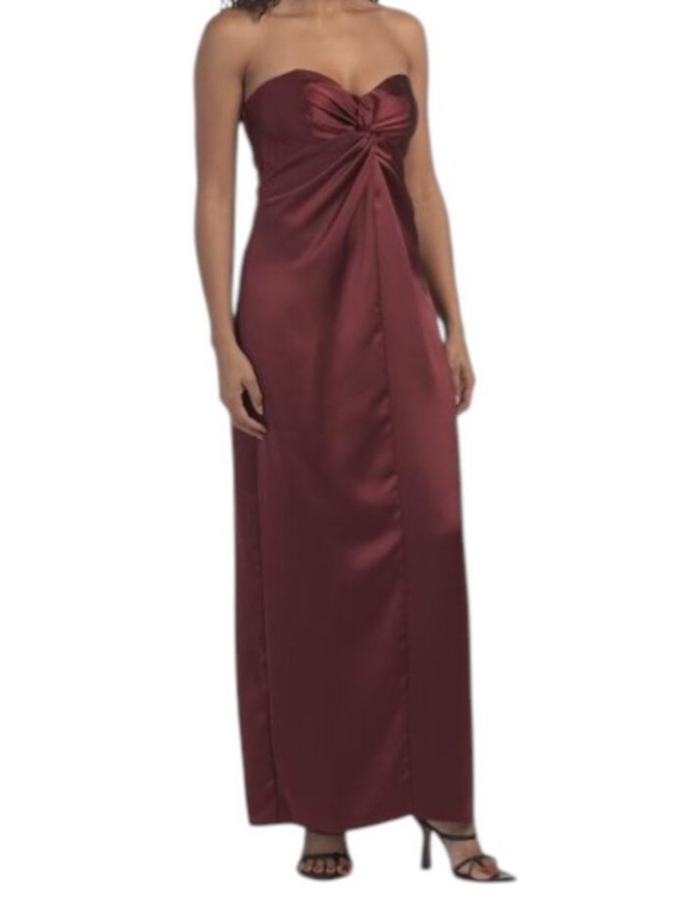 Xscape Strapless Satin Evening Dress in Burgundy